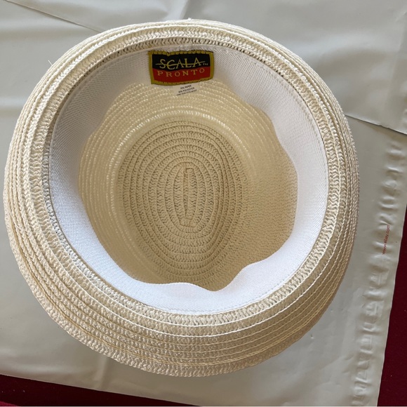 SCALA PRONTO WHITE Straw Fedora round Hat BLACK Hat Band, Beach Travel ONE size - Picture 5 of 14